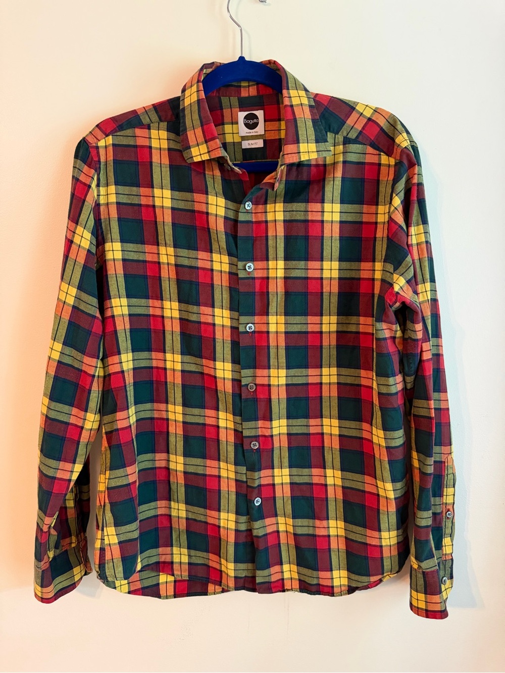 Bagutta Made in Italy Men’s L Slim Fit Plaid Button Down Shirt Fall Multicolor